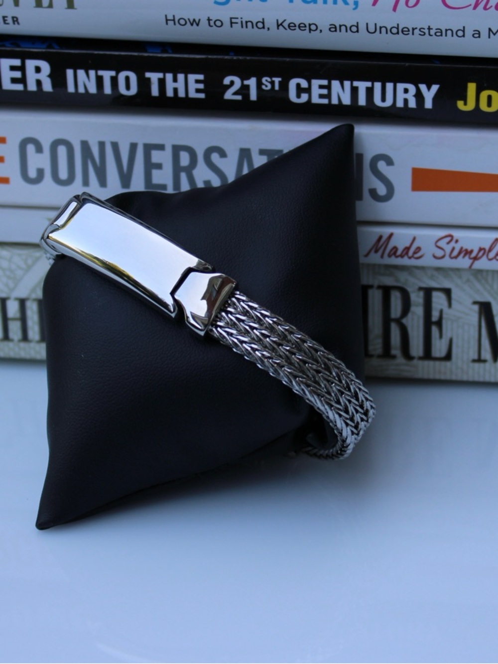 Men's Silver-Tone Woven Bracelet with Polished Plate